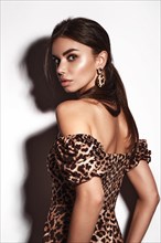 Beautiful sexy woman in a leopard dress and earrings