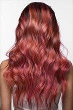 Beautiful pink-haired girl in move with a perfectly curls hair. Beauty salon. Picture taken in the studio