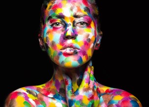 Girl with colored face painted. Art beauty image. Picture taken in the studio on a black background