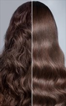Woman before after curling her hair. Rear view