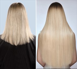 Woman before after hair extensions. Back view. Close-up