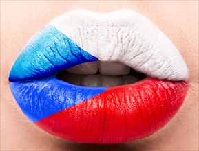 Female lips close up with a picture of the flag of Czech Republic. white