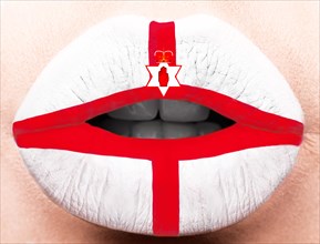 Female lips close up with a picture of the flag of Northern Ireland. white