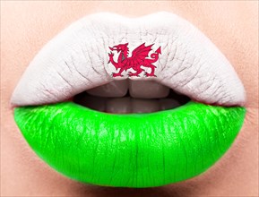 Female lips close up with a picture of the flag of Wales. white