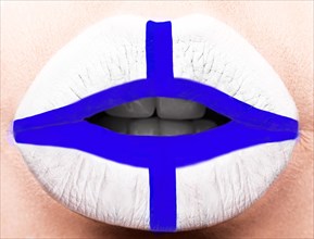 Female lips close up with a picture of the flag of Finland. white