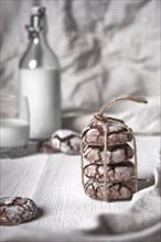 Crispy chocolate chip cookies on wooden background in vintage style