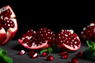 Metal background with pomegranate berries and mint. Vintage style photo
