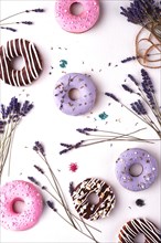 Sweet multicolored donuts on a white background with lavender flowers