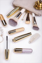 Set of brushes and cosmetic products in a cosmetic bag on a white background