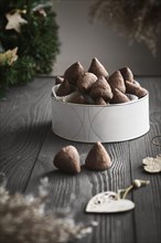 Simple Christmas truffle candy on a wooden background with plant branches