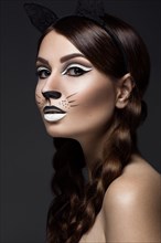 Beautiful girl in the image of a cat with art make-up and lace ears. beauty face. Photos shot in the studio
