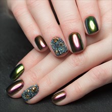 Beautifil Colorful manicure with rhinestone. Nail Design. Close-up