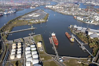 Aerial view of the Blumensandhafen terminal for green ammonia as a basis for hydrogen
