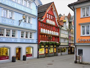 Painted facades of wooden Appenzell houses in the old town