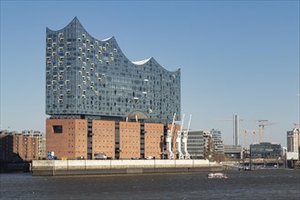 Launch with Elbe Philharmonic Hall against a blue sky in the harbour of Hamburg
