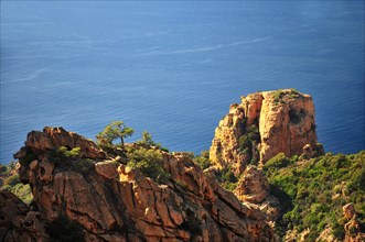 Granite rock formation on the coastal road through the Calanche de Piana in the Corsica nature park Park