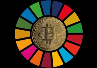 A Bitcoin inside the United Nations Sustainable Development Goals logo