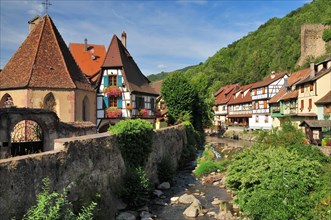 Half-timbered houses on the Weiss river in the town of Kaysersberg