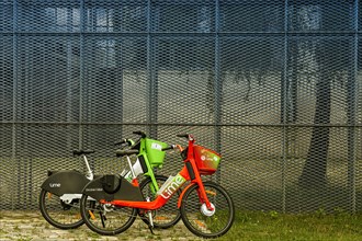 Lime rental bikes in front of high mesh fence