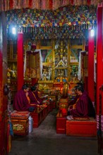 Monks praying before a Buddha statue in the Ramoche temple