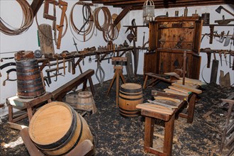 Historic workshop of cooper barrel maker craft
