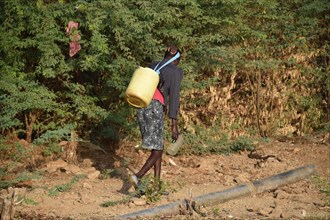 Young woman carrying a container of water in Kenya