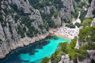 Bathing beach in the Calanque d'En-Vau near Cassis on the Cote d'Azur in Provence