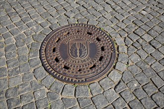 Manhole cover with paving stones on the ground