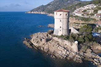 Bird's eye view of historic fortified defence tower Torre del Campese built by Ferdinando de Medici in the 16th century