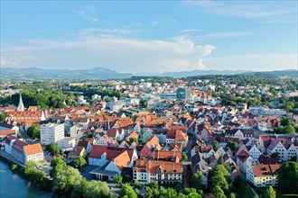 Aerial view of the old town of Kempten with a view of the Alps. Kempten