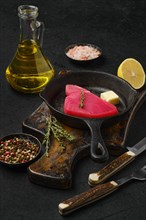 Raw fresh tuna steak ready for frying