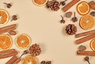 Seasonal autumn flat lay with natural dried orange slices