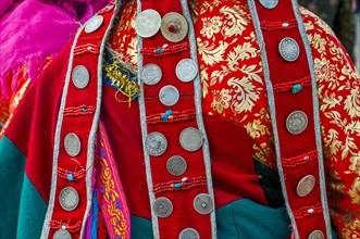 Close up of Traditional clothes on the festival of the tribes in Gerze Western Tibet