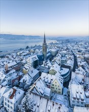 Aerial view of the town of Radolfzell on Lake Constance on a cold winter morning