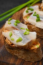 Closeup view of sandwich with salty herring and spring onion