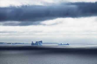 Icebergs drifting on the open sea against a dark cloudy sky