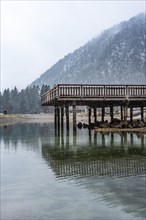 Footbridge in winter on the lake