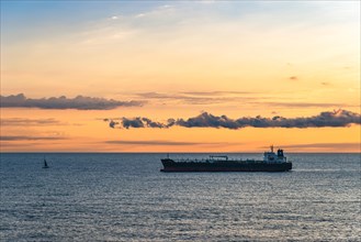 Oil Tanker Ship on Mediterranean Sea at sunrise