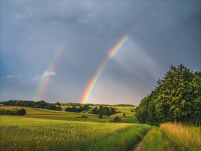 Double Rainbow over rural landscape in bavaria