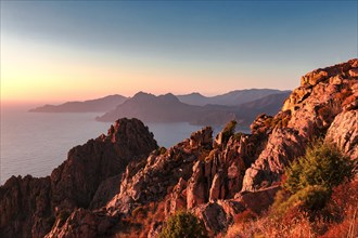 View over the bay of Porto to the rocky landscape of the Calanches de Piana in Corsica