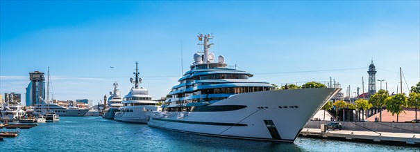 Panorama of Super Yachts in Port of Barcelona