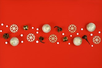 Christmas flat lay with wooden snowflake ornaments