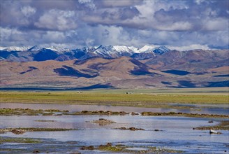 Overflooded open wide scenery in Tibet along the southern route into Western Tibet