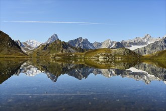 Mont Blanc and Grand Jorass reflected in Lac de Fenetre