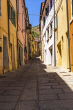 Narrow alley with pastel-coloured house facades