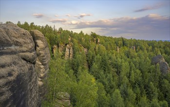 View of sandstone rocks in the evening light from a lookout pulpit
