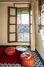 Traditional interior design of Moroccan rich house called riad with the view of downtown