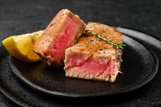 Closeup view of fried tuna steak on slate plate