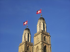 Towers with Swiss flag from Grossmuenster