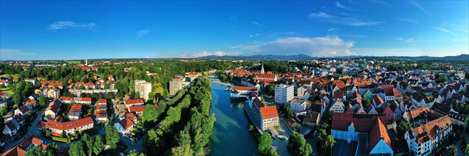 The Iller from above. Aerial view of the old town of Kempten with a view of the Alps. Kempten